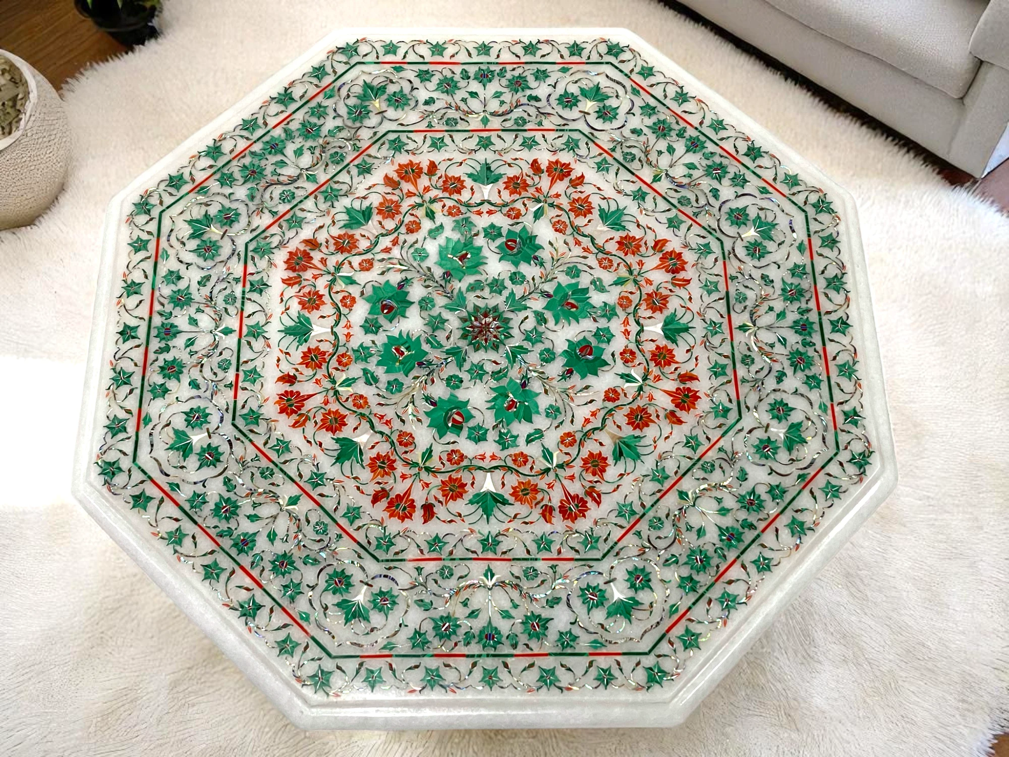 White Marble Side Table Top with Floral Marquetry Inlay Masterpiece